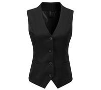 Gowjog Gilet da donna foderato, con bottoni e scollo a V, smoking vintage, senza maniche, Nero , L