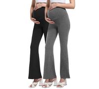 Gowjog Leggings da donna per gravidanza, per maternità, yoga, opachi, elasticizzati sulla pancia, pantaloni premaman, nero/grigio melange, confezione da 2, M