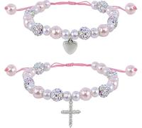 GOWTX 2 Pezzi Perle e Strass Bracciali Santa Prima Comunione, Bracciale di Perline di Rosario di Croce e Cuori, Cresima Prima Comunione Bracciale di Regalo con Coulisse per Ragazze Battesimo