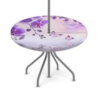 Goxnero Tovaglia rotonda con motivo orchidee viola, con foro per ombrellone e cerniera, impermeabile, per feste, picnic, patio (adatta per tavoli da 114-140 cm)