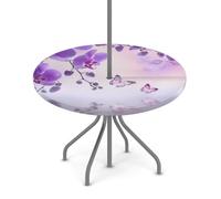 Goxnero Tovaglia rotonda con motivo orchidee viola e farfalle, con foro per ombrellone e cerniera, impermeabile, per feste, picnic, patio (adatta per tavoli da 91 a 111 cm)