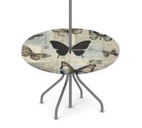 Goxnero Tovaglia rotonda vintage con farfalle e giornali con foro per ombrello e cerniera, impermeabile, rotonda, per feste, picnic, patio (adatta per tavolo da 91,4 - 111,2 cm)