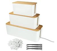 GOYADA Set da 3 Scatola Nascondi Cavi, Scatola Portacavi Organizer con Coperchio in Bambù, Scatola di Gestione per Nascondere I Cavi Sciolti, Bianco