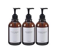 GOYISEE Dispenser per shampoo e balsamo per doccia a parete a 3 camere, flaconi ricaricabili per shampoo e balsamo con etichette impermeabili (3 Bottiglie-Marrone)