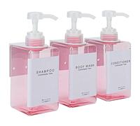 GOYISEE Flaconi ricaricabili per shampoo e balsamo per parete doccia, dispenser di shampoo e balsamo, con pompa, senza trapano (3 bottiglie, 3 supporti a parete, rosa)