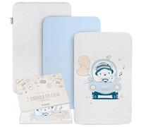Goysila Set Lenzuola Next to Me Chicco 83x50 cm, Kit Culla 3 Pezzi, Blu | Cotone 100% Oeko-Tex, 2 sotto con angoli elasticizzati, coprimaterasso impermeabile traspirante, salvapipì lavabile