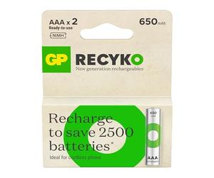 GP Batteries 212666 Blister 2 Batterie Ricaricabili Mini Stilo AAA 650 mAh Recyko