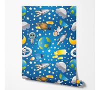 GP TONER Carta da parati in tessuto non tessuto bambini spazio razzi UFO astronauta pianeti stelle motivo colorato sfondo blu decorazione parete cameretta 5m x 0.5m
