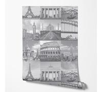 GP TONER Carta da parati in tessuto non tessuto collage città bianco e nero Parigi Londra Roma New York monumenti del mondo design moderno soggiorno camera corridoio cucina 5m x 0.5m