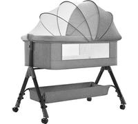 GPDNBIEU, Lettino for bambini pieghevole facile con cestello portaoggetti, altezza regolabile, materasso morbido e ruote, comodino for culla,rosa(Light Gray)
