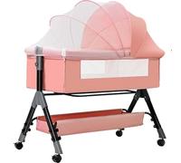 GPDNBIEU, Lettino for bambini pieghevole facile con cestello portaoggetti, altezza regolabile, materasso morbido e ruote, comodino for culla,rosa(Pink)