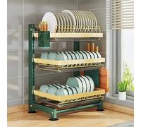 GPDNBIEU, Scolapiatti a 3 livelli con vassoio raccogligocce portabicchieri, scolapiatti portautensili, spazio di grande capacità(Green Gold)