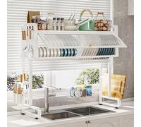 GPDNBIEU, Scolapiatti grande in metallo con coperchio, scolapiatti vassoio antigoccia, altezza regolabile(Bianco,77cm)