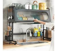 GPDNBIEU, Scolapiatti grande in metallo con coperchio, scolapiatti vassoio antigoccia, altezza regolabile(Svart,97cm)