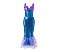 GPLOPEEY Costume da sirena da donna, per Halloween, costume da sirena, senza spalline, con volant e paillettes, coda lunga, per cosplay (03, blu, viola, L)