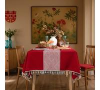 GPRL Tovaglia Rossa Bohémien Copritavolo Con Ricamo Geometrico E Nappe Resistente Per Natale Matrimonio Cena Cucina Sala Da Pranzo(140 * 260)