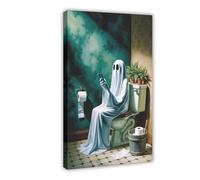 GQVCJSW Poster su tela con fantasma che cerca un telefono cellulare sul WC, decorazione per camera da letto, ufficio, stanza, regalo, 60 x 90 cm