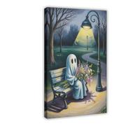 GQVCJSW Poster su tela con fantasma che tiene un fiore sulla panchina (2), decorazione per camera da letto, ufficio, camera da letto, regalo, 20 x 30 cm
