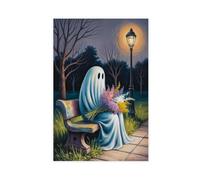 GQVCJSW Poster su tela con fantasma che tiene un fiore sulla panchina (3), decorazione per camera da letto, ufficio, camera da letto, regalo, 50 x 75 cm