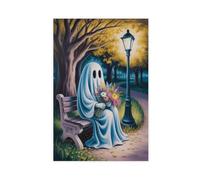 GQVCJSW Poster su tela con fantasma che tiene un fiore sulla panchina, decorazione artistica da parete per soggiorno e camera da letto, 60 x 90 cm