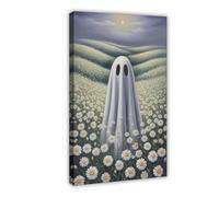GQVCJSW Poster su tela con fantasma in un campo di girasoli sulla luna, decorazione artistica da parete per soggiorno, camera da letto, 30 x 45 cm