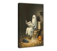GQVCJSW Poster su tela con stampa di fantasma che legge un giornale sul WC (4), decorazione artistica da parete per soggiorno e camera da letto, 60 x 90 cm