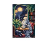 GQVCJSW Poster su tela, motivo: fantasma con gatto nero che beve un caffè, decorazione artistica da parete per soggiorno e camera da letto, 50 x 75 cm