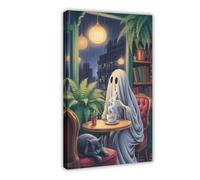 GQVCJSW Poster su tela, motivo: fantasma con gatto nero che beve un caffè, decorazione per camera da letto, ufficio, camera da letto, regalo, 60 x 90 cm