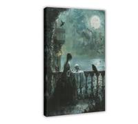 GQVCJSW Stampa su tela con donna che guarda il mare, stampa gotica su balcone, decorazione per camera da letto, ufficio, camera da letto, regalo, 50 x 75 cm