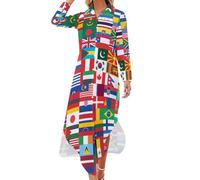 GQWJKSZ Bandiere del Mondo Divertente Camicia abbottonata Abito Lungo per Donna Manica Lunga Camicetta Abiti