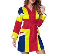 GQWJKSZ Camicia da notte con scollo a V, vestaglia corta da donna con bandiera Union Jack e croce gialla, a maniche lunghe, con cintura, camicia da notte