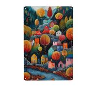 GQWJKSZ Cartello in metallo con scena, stile moderno, un villaggio in una fiaba, stampa in metallo, poster per casa, soggiorno, camera da letto per bambini, per amici, 12x16 pollici