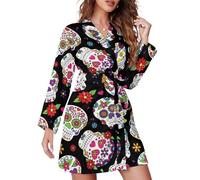 GQWJKSZ Giorno dei morti Teschio di zucchero Accappatoio da donna Accappatoio lungo al ginocchio Spa Vestaglia Camicia da notte Collo a scialle Vestaglie leggere