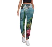 GQWJKSZ Pantaloni da Jogging da Donna Oleander Flowers Villa Monastero Lake, Comodi Pantaloni da Tuta Leggeri da Yoga, Atletici e da Allenamento