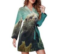 GQWJKSZ Simpatico pesce tricheco, vestaglia corta da donna, manica lunga, cintura, accappatoio, camicia da notte, scollo a V, indumenti da notte