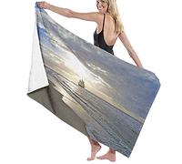 GQWJKSZ Telo da Bagno Grande Coperta, Una Nave a Vela Vicino Alla Spiaggia di Sabbia In Moody Tramonto Paradiso Tropicale Tema Estivo Un Blu Beige Bianco,Telo da Bagno Telo Mare Nuoto,52" x 32"