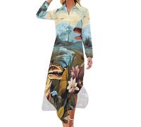 GQWJKSZ Vestito Camicia con Bottoni Divertente dell'era dei Dinosauri, Abito Lungo per Le Donne, Camicetta a Maniche Lunghe