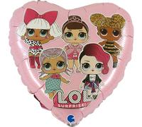 Grabo palloncino compleanno lol surprise cuore rosa. palloncino per feste per bambini a forma di cuore, tutte le lol, in foil con cannuccia per gonfiarlo. palloncini colorati made in italy 36x36 cm
