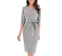 GRACE KARIN Abito da cocktail da donna, maniche a 3/4, elegante, con scollo a V, slim fit, con cintura, abito da sposa, grigio., L