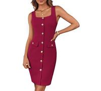 GRACE KARIN Abito da donna Cocktail, elegante, senza maniche, con scollo quadrato, abbottonato, in vita, da lavoro, da ufficio, formale, con cintura, a tubino, Bodycon, miniabito con cintura, rosso