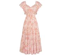 Grace Karin - Abito da donna elegante con fiori, maniche a volant, scollo a V, maxi abito a linea A, abito estivo con tasche, rosa a fiori, XL