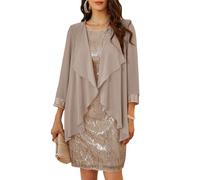 GRACE KARIN Abito da donna senza maniche, scollo rotondo, con paillette, elegante, in due pezzi, in tulle, per feste, cachi, L