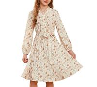 GRACE KARIN Abito da ragazza a maniche lunghe floreale con colletto alto elastico in vita A-line abito plissettato, Albicocca Fondo Arancione, 7 anni