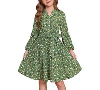 GRACE KARIN Abito da ragazza a maniche lunghe floreale con colletto alto elastico in vita A-line abito plissettato, verde, 10 anni