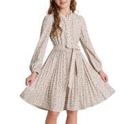 GRACE KARIN Abito da ragazza a maniche lunghe floreale con colletto alto elastico in vita A-line abito plissettato, albicocca, 14 anni