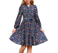 GRACE KARIN Abito da ragazza a maniche lunghe floreale con colletto alto elastico in vita A-line abito plissettato, Blu mare, 8 anni