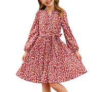GRACE KARIN Abito da ragazza a maniche lunghe floreale con colletto alto elastico in vita A-line abito plissettato, Colore: rosso, 7 anni