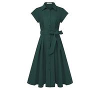 GRACE KARIN Abito estivo da donna, a maniche corte, con colletto a risvolto, con bottoni, elegante linea ad A, con tasche, verde, S