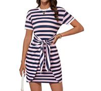 GRACE KARIN Abito estivo da donna, casual, a maniche corte, girocollo, mini abito casual, Strisce rosa e blu, XL