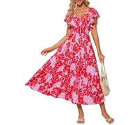 Grace Karin - Abito estivo elegante da donna, floreale, maxi abito con maniche a volant, scollo a V, prendisole, XL
